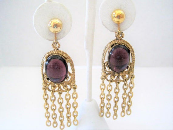 Amethyst Glass Earrings, Purple Dangles, Gold Tone Tassels, Chandelier Clip Earrings