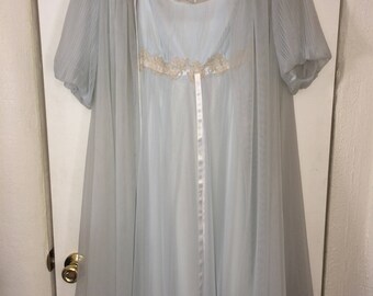 Vintage Pale Blue 2 pc Peignoir (nightgown + robe)