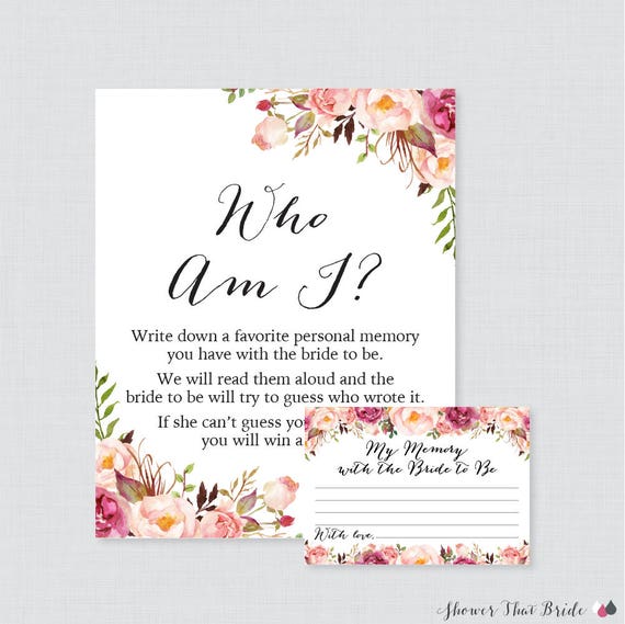 Who Am I Bridal Shower Game Printable Pink Floral Bridal