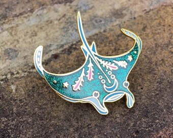 PEACHish manta ray hard enamel lapel pin flair. Salty Sea Series mermaid pin