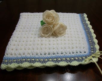 White Crochet Baby Blanket, White Crochet Baby Afghan, Blue Handmade Baby Blanket, Yellow Baby Blanket, Gray Yellow Blue White Baby Blanket