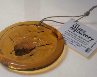 Recycled glass bee suncatcher, amber bee ornament window art,