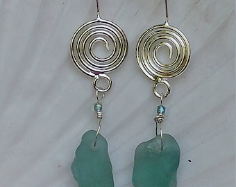 Bonfire seaglass and czech glass bead earrings on sterling silver