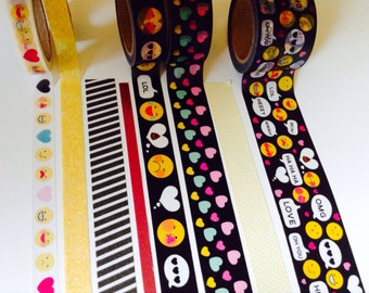 Washi Tape 18-24" Sample/ emojis/emoticons/phrases/black washi tape/hearts