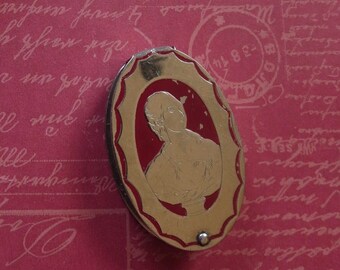 Vintage Richard Hudnut Du Barry Silvertone Sliding Rouge Compact With Madame Du Barry Cameo Portrait Design and Red Enameling, With Rouge