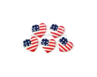 Fourth of July Resins - 5 Heart Flag Cabochon - Red, White, and Blue - Flat Back Acrylic Embellishment