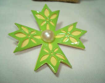 Large Vintage Chartreuse and Yellow Flower Pin.