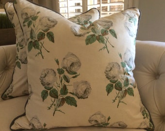 Colefax and Fowler classic "Bowood" floral pillow cover in soft grey, green on ecru cotton with grey linen trim and backing!
