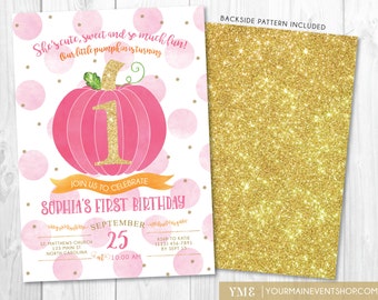Pumpkin Birthday Invitation • 1st Fall Autumn Halloween Girl Pumpkin First Birthday Invite Printable