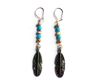 Turquoise and Gold Feather Statement Earrings