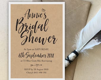 Printed Rustic Bridal Shower Invite Card – Announcement, Getting married, Elegant, Black, Kraft paper, Kitchen Tea, Hen's Night, Baby Shower