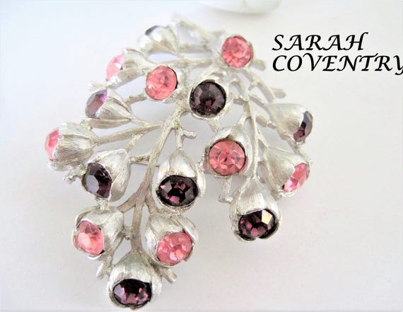 Sarah Coventry Brooch, Purple Pink Rhinestones, Wisteria Pattern, 1962 Rhinestone Pin