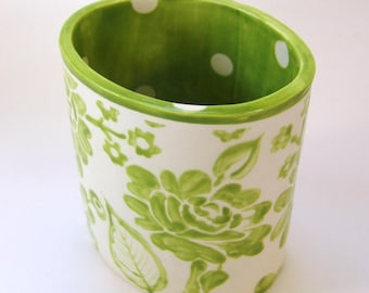 Whimsical pottery Utensil Holder - Vase home decor, kiwi lime green ceramic OVAL vessel hand-painted colorful floral