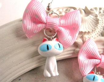White Kitty and Bow Earrings
