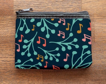 Music Notes and Branches Neoprene Coin Purse or Zipper Pouch