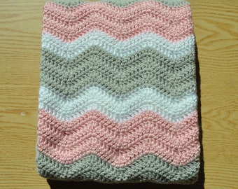 Pink, Gray and White Ripple Baby Blanket/ Chevron Baby Blanket/ Crochet Baby Blanket/ Baby Girl Blanket/ Pink Crochet Baby Blanket