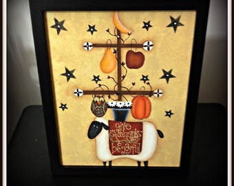 Primitive Fall Sheep 8 x 10 Framed Canvas Painting-Pumpkin-Moon-Stars-Home Decor Decoration