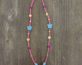 Fuhsia Jade Pendant with Sky Blue Stars Necklace