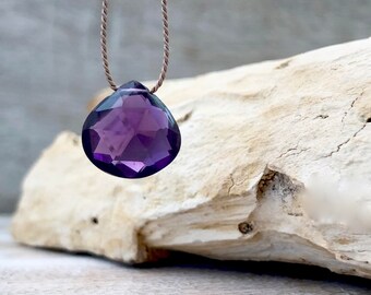 African Amethyst Necklace, February Birthstone, Birthday Gift February, Gift for Mother, Briolette Necklace Silk Cord, Delicate Jewelry Girl