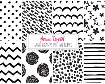 Hand Drawn Ink Digital Paper and Vecors. Scrapbook Backgrounds. Black and White patterns Commercial Use. Flower polka dots stripes