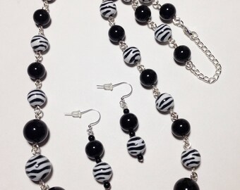 Long Necklace, Black and White, Animal Print, Zebra Print, Silver, Acrylic, Black Tie Affair, Adjustable Necklace, Earrings