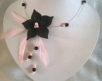 wedding bridal necklace holiday black feathers Silk Flower Pink / black necklace-wedding jewerly