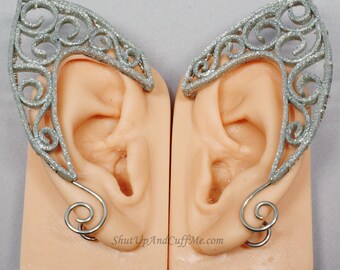 Silver Elf Ears, Scroll Elf Ears, Silver Glitter Elf Ears, Clay Filigree Elf Ears, Polymer Clay Elf Ears, Fantasy and Cosplay - PAIR