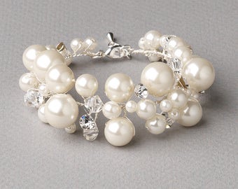 Pearl Wedding Bracelet, Pearl Bracelet, Rhinestone Bracelet, Wedding Bracelet, Bridal Accessory, Bridal Bracelet, Crystal Bracelet ~JB-4836