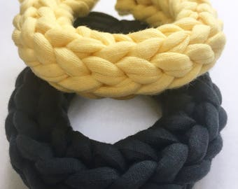 Yellow and Grey Bangle, Crochet Bracelet, Chunky Bracelet, Fabric Bangle, Tshirt Yarn Bracelet, Handmade Bangle
