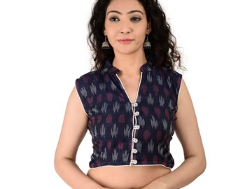 Blue, White & Purple Readymade Ikat Cotton Blouse