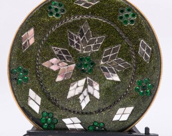 vintage enamel hand mirror, green, glass