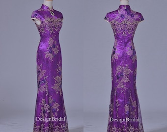 Purple Qipao Dress,Pretty Embroider Cheongsam,Lace Sequin Embroidery Dress,Vintage Mermaid Dress,Mother of the Bride Wedding Guest Qipao