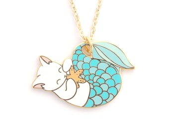 Blue Purrmaid Necklace (mermaid cat mermaid necklace enamel jewelry cute cat jewelry white cat necklace cloisonne gift for cat lover)