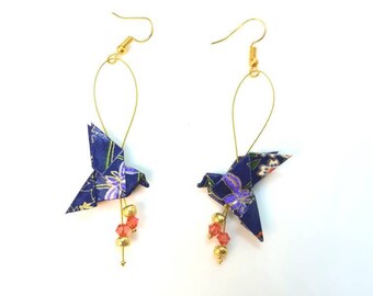 Origami doves blue and gold earrings