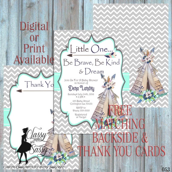 Little One Be Brave Boho Be Kind Baby Shower invitation, Tribal Invitation bohemian Shower, teepee Invitation, Luncheon boho invite 053
