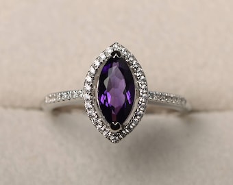 Purple amethyst ring, marquise cut, engagement, silver, February birthstone