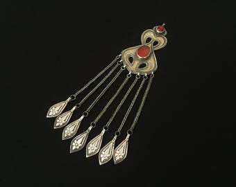 Antique Turkmen-iskendery design silver pendant gilded with cornalian