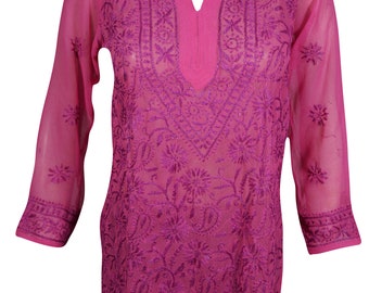 Ethnic Indian Beautiful Tunic Floral Hand Embroidered Long Sleeves Georgette Cover Up Summer Pink Blouse Top S