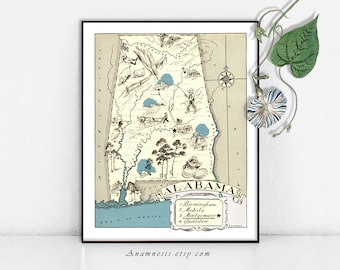 ALABAMA MAP - Instant Digital Download - printable vintage picture map for framing, totes, crafts, wedding gift - fun home decor printable