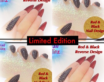 Black & Red Reverse Rhinestone Stiletto Full Fake Nails Nail Art