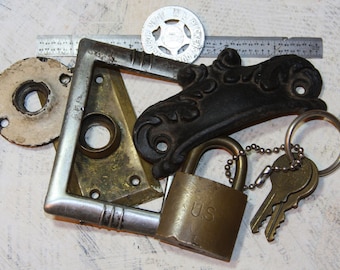 HARDWARE Salvage Altered Art Supply Lot Escutcheons Rosettes Lock Ruler Keys- O9