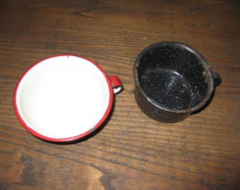 ANTIQUE ENAMELWARE CUPS One Red and White 2 1/2" x 4 1/2" One Speckled Black and White 2 1/4" x 4"