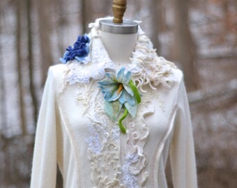 Long white Sweater COAT, fantasy wearable art clothing, up cycled OOAK festival coat, altered refashioned couture. Size M. Ready to ship