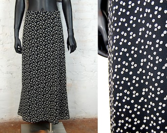 Vintage 1990s Liz Claiborne Black & White Daisy Floral Print Maxi Skirt (6)