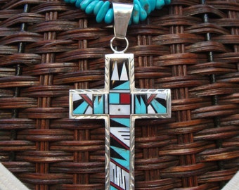 Sleeping Beauty Turquoise Necklace, Sterling Silver Inlaid Gemstone Cross Pendant, Zuni Cross, Southwestern Style Cross, OOAK