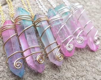 Pastel Cotton Candy Quartz Crystal Necklaces - Wire Wrapped Wrap Pink Aqua Blue Pastel Goth Grunge Fairy Kei Pop Unicorn Kawaii