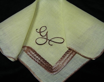 Vintage 40's Brown on Yellow Monogram "G" Ladies Handkerchief - 9860