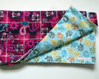 large baby blanket double sided pink flower motif, soft cozy blue daisy print on back