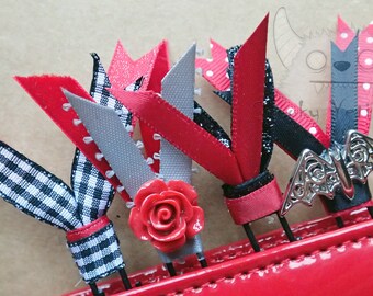 4 Large Double Ribbon Paper Clips *GOTHIC bats GLITTER black/red* For Planners & Scrapbooking.