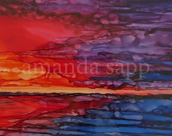 sunset painting-alcohol ink sunset original-original painting-framed ready to hang-seascape with sunset-alcohol ink seascape-alcohol ink art